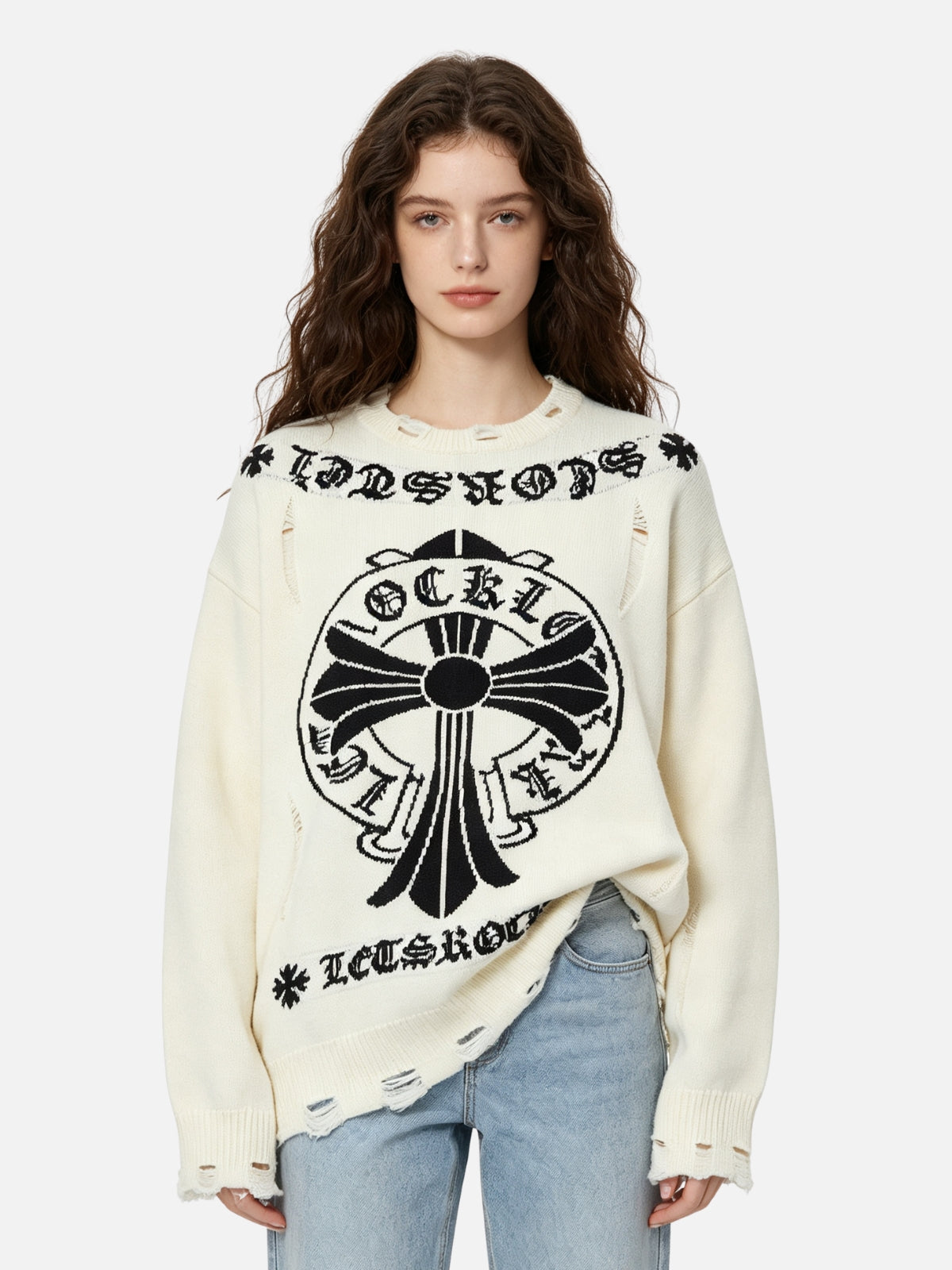 Haaura Distressed Cross Graphic Sweater