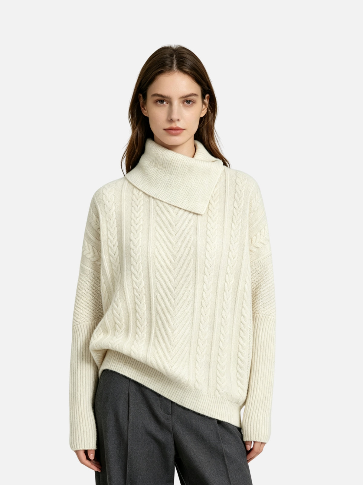 Haaura Asymmetrical Cable Knit Turtleneck Sweater