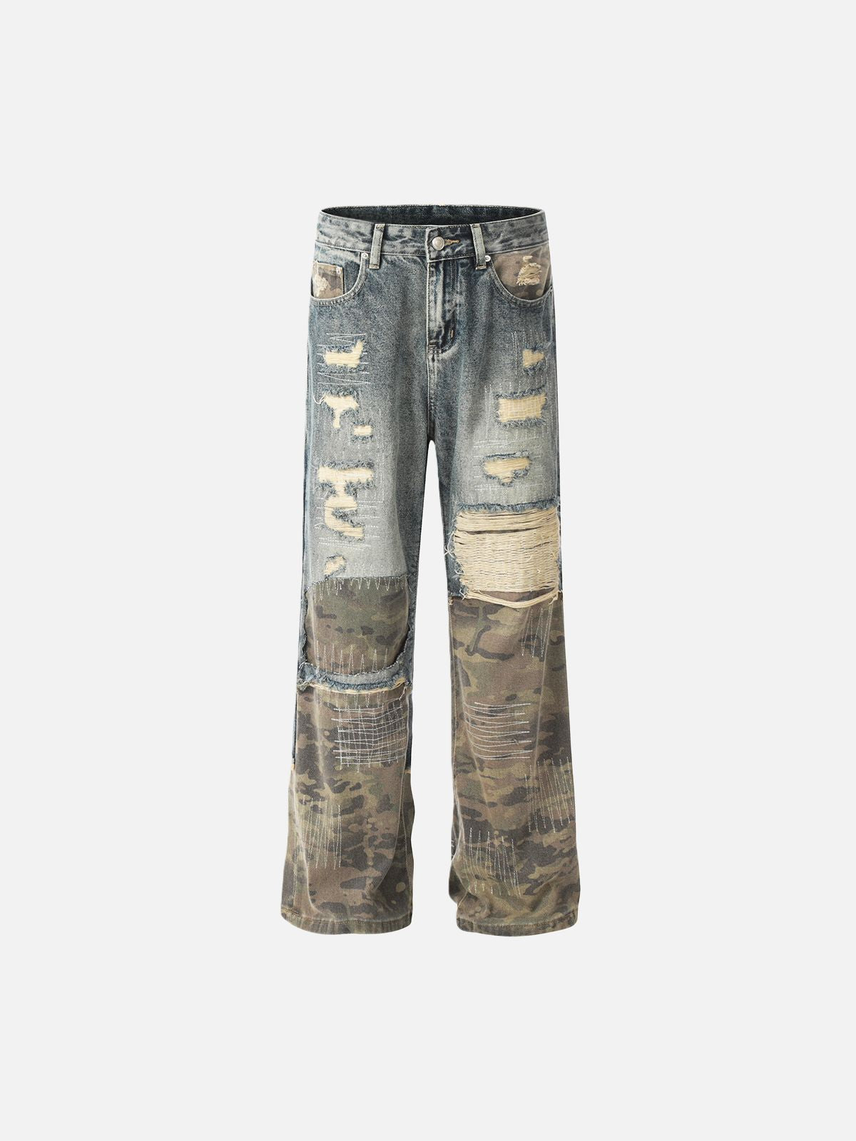 Haaura Destructed Camo-Patch Denim Jeans