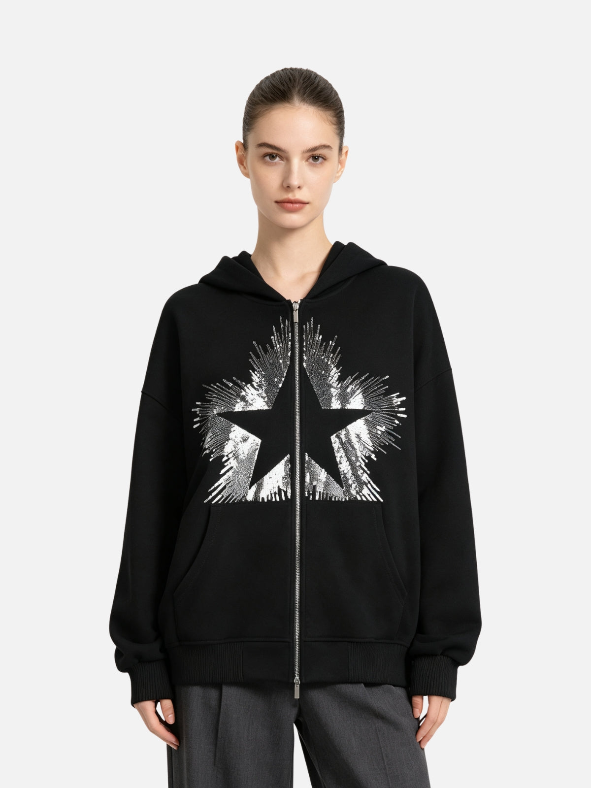 Haaura Rhinestone Star Zip Up Hoodie
