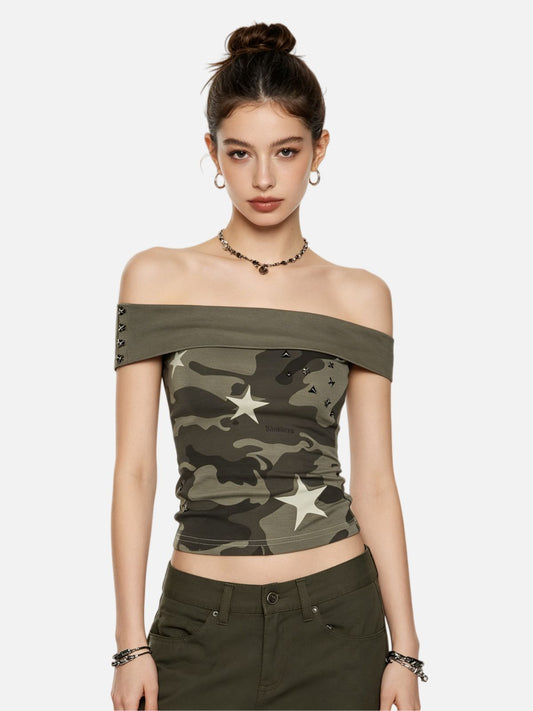 Haaura CAMO Studded Off-Shoulder Tube Top