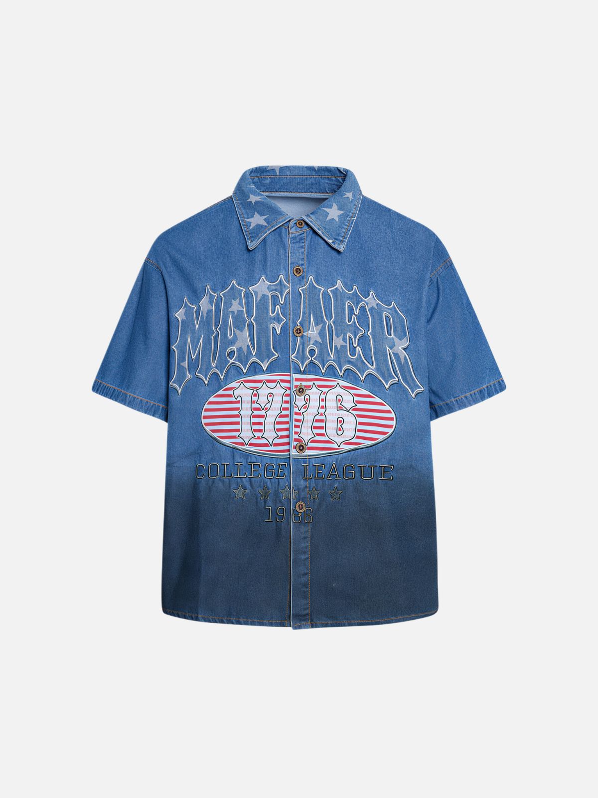 Haaura Boxy Star Collar Collegiate Graphic Denim Shirt