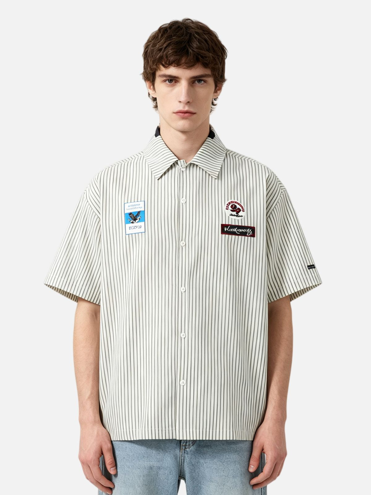Haaura Boxy Pinstripe Patch Shirt