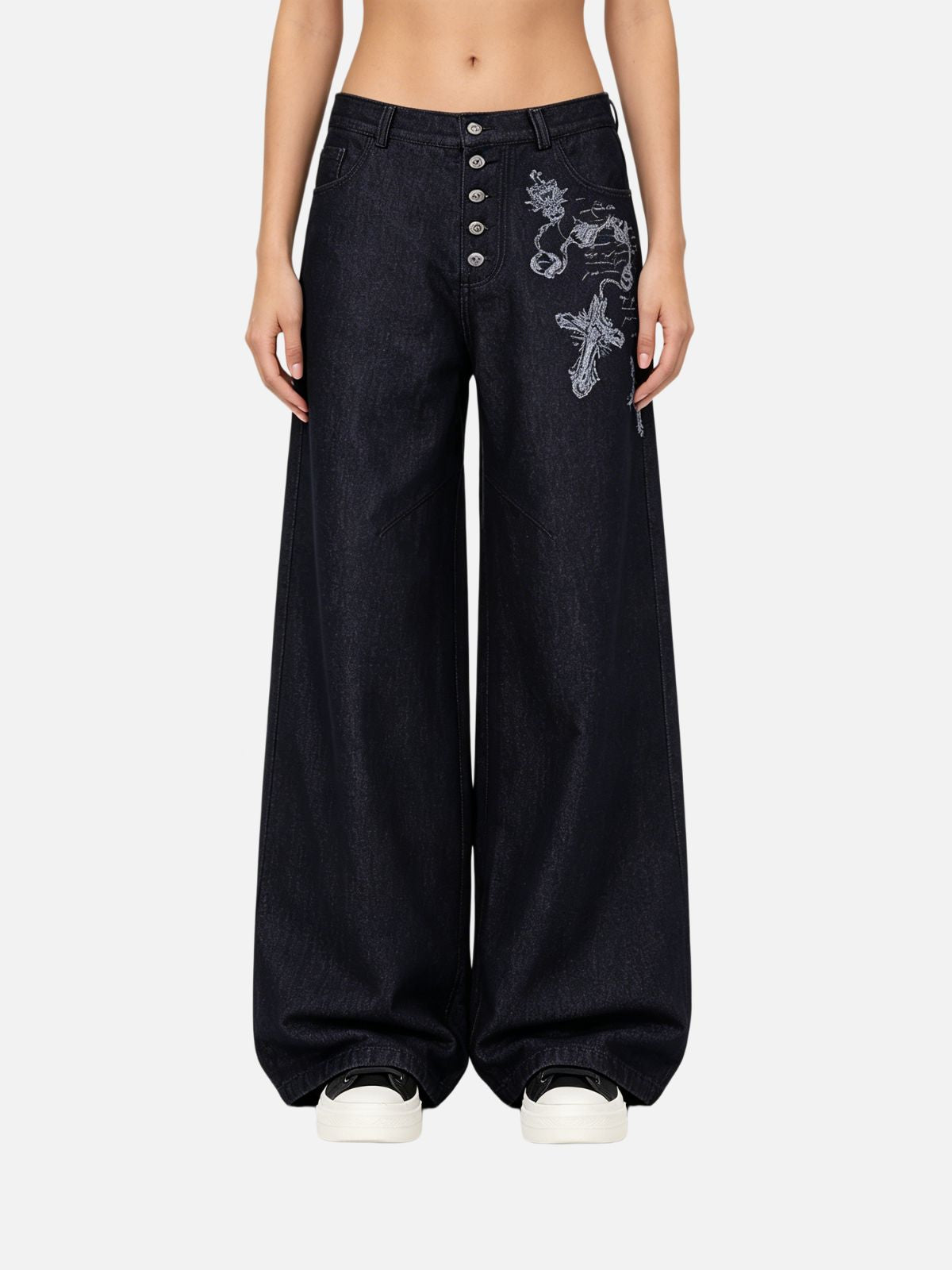 Haaura Cross Script Graphic Button-Fly Baggy Jeans