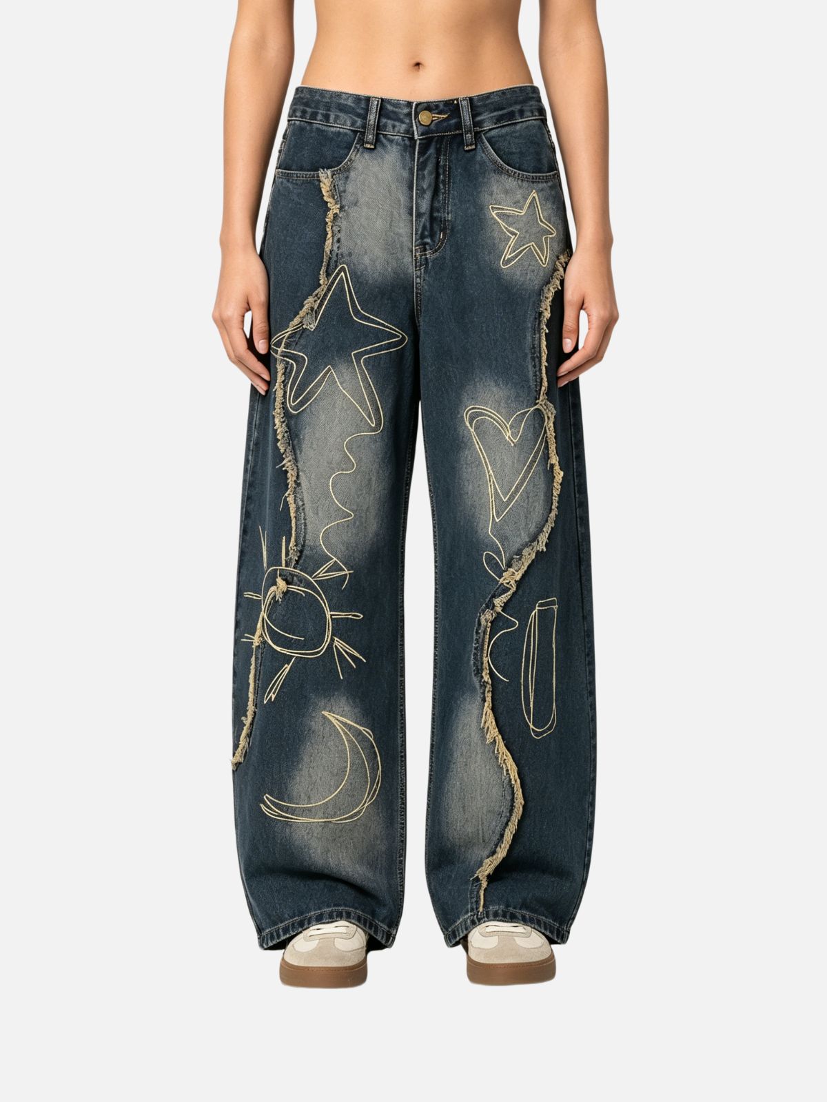 Haaura Astro Hearts Embroidered Raw Hem Super Baggy Jeans