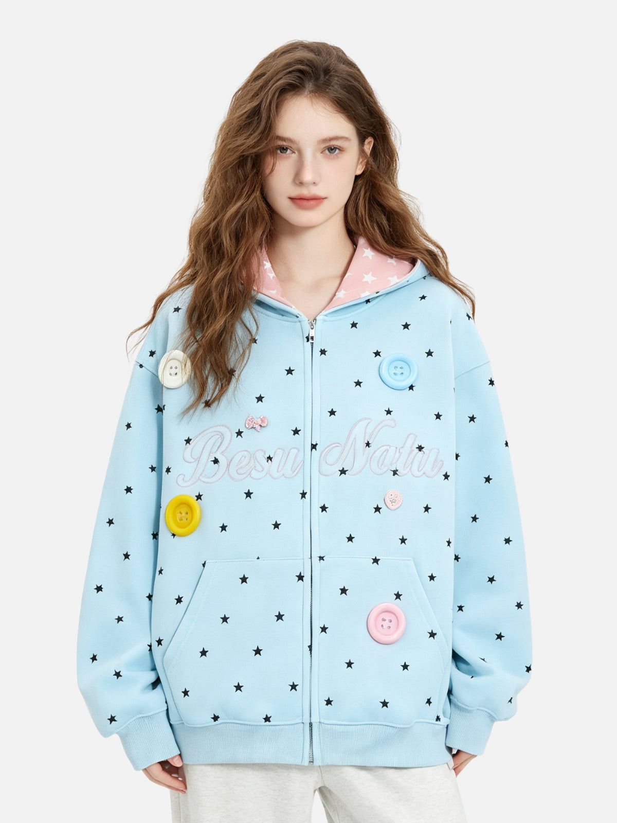 Haaura Star Print Button Zip Up Hoodie