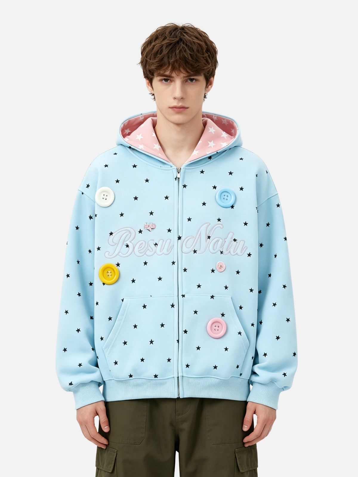 Haaura Star Print Button Zip Up Hoodie