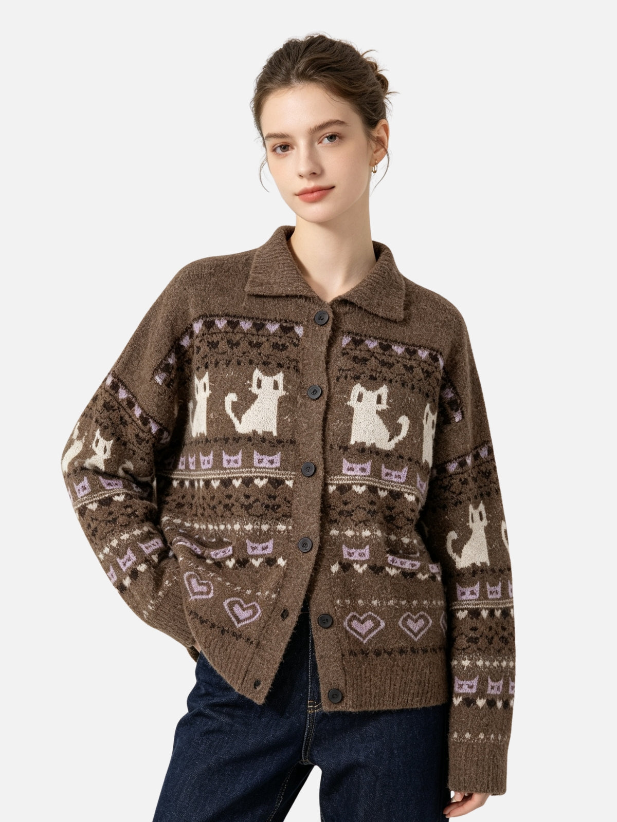 Haaura Cat Fair Isle Jacquard Cardigan