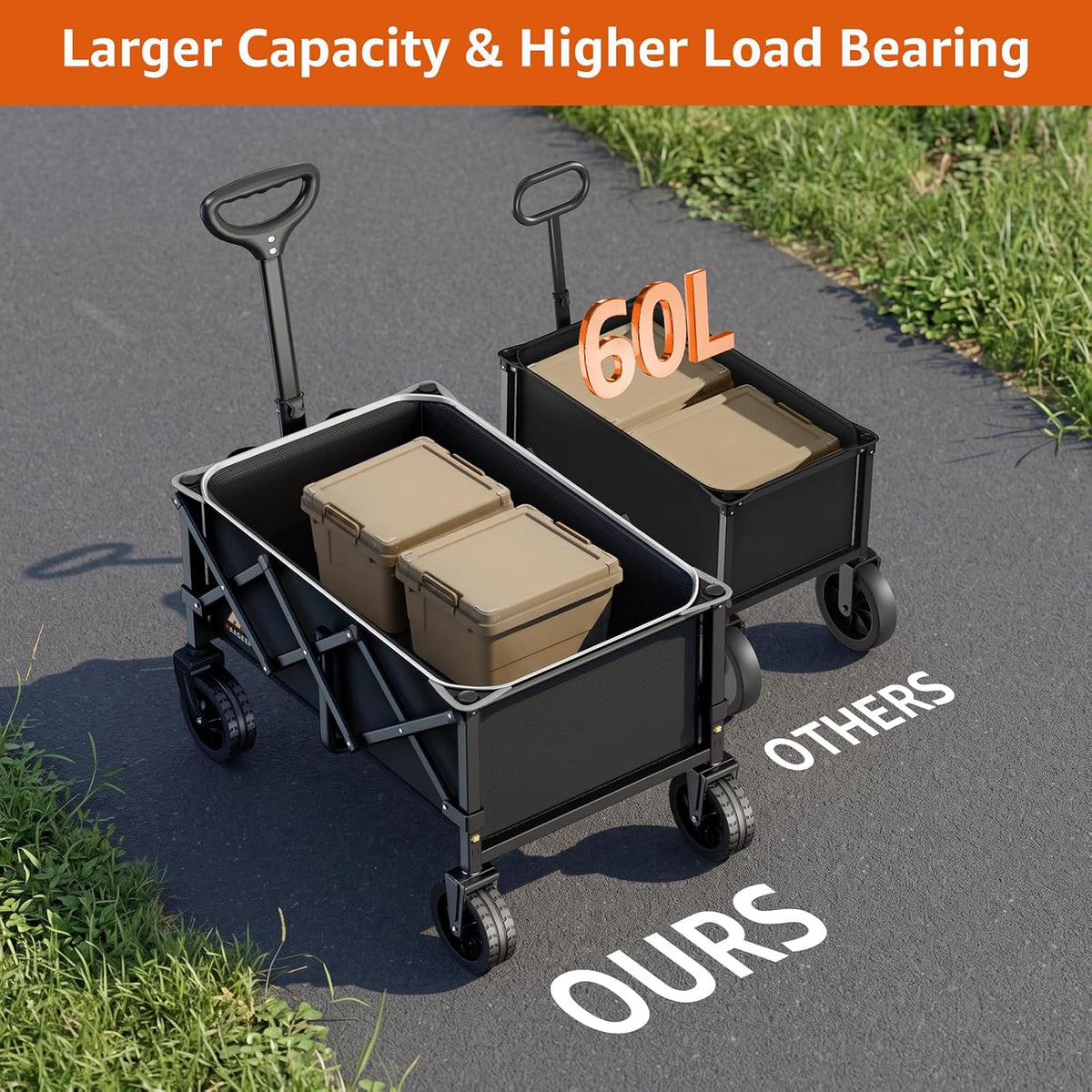 Collapsible Wagon Cart with Wheels, 280 lbs Heavy Duty Folding Wagon with Reflective Stripe, 600D Oxford Fabric, 360° All-Terrain Wheels & Adjustable Handle for Camping, Beach, Shopping, Black
