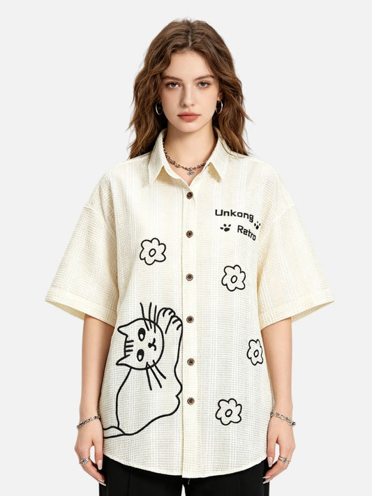 Haaura Cat & Floral Short Sleeve Shirt