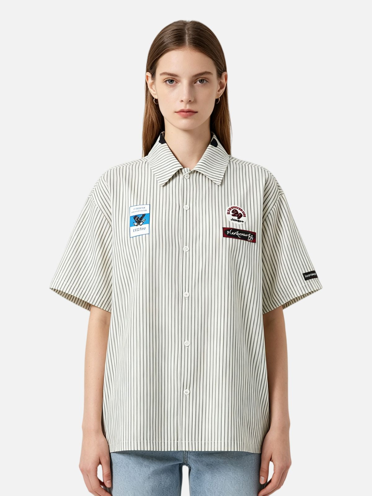 Haaura Boxy Pinstripe Patch Shirt
