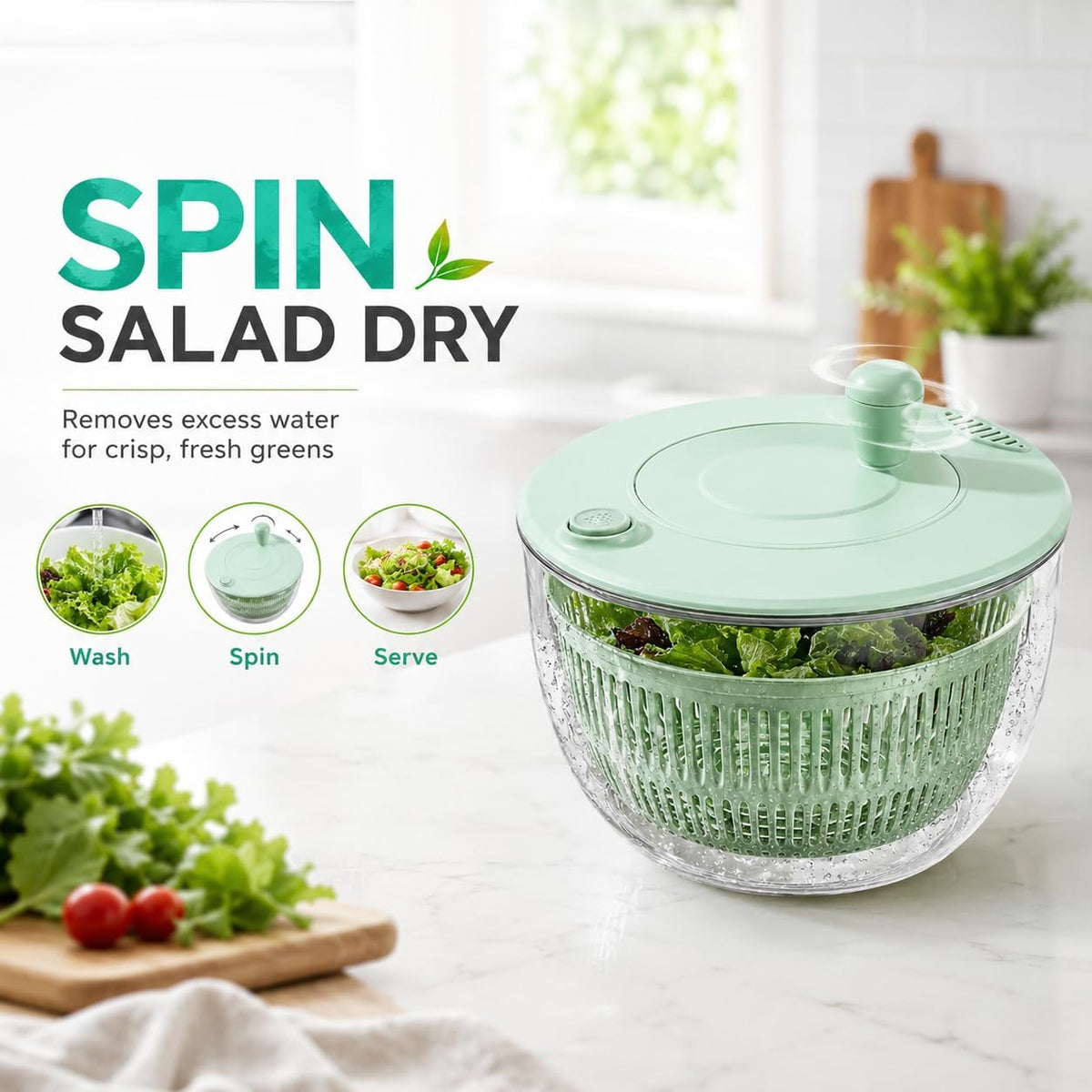 6-in-1 Salad Spinner & Vegetable Slicer – 5.3 QT Large Capacity Food Prep Bowl with 5 Blades, One-Touch Stop, Egg Separator & Citrus Juicer