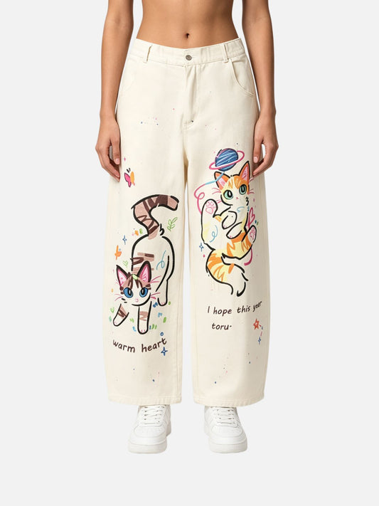 Haaura Cartoon Cat Graphic Baggy Barrel Pants