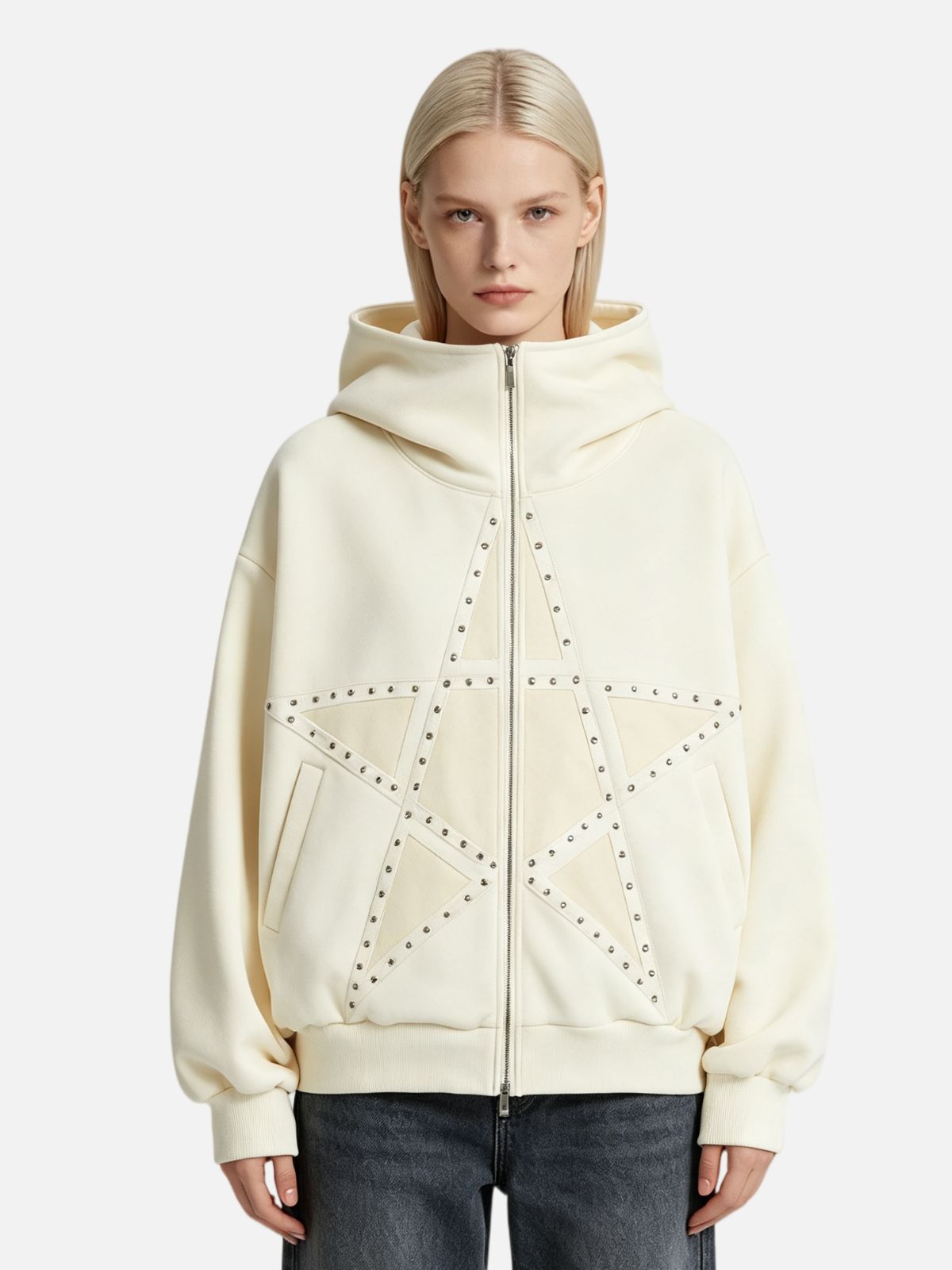 Haaura Boxy Studded Star Graphic Zip Up Hoodie