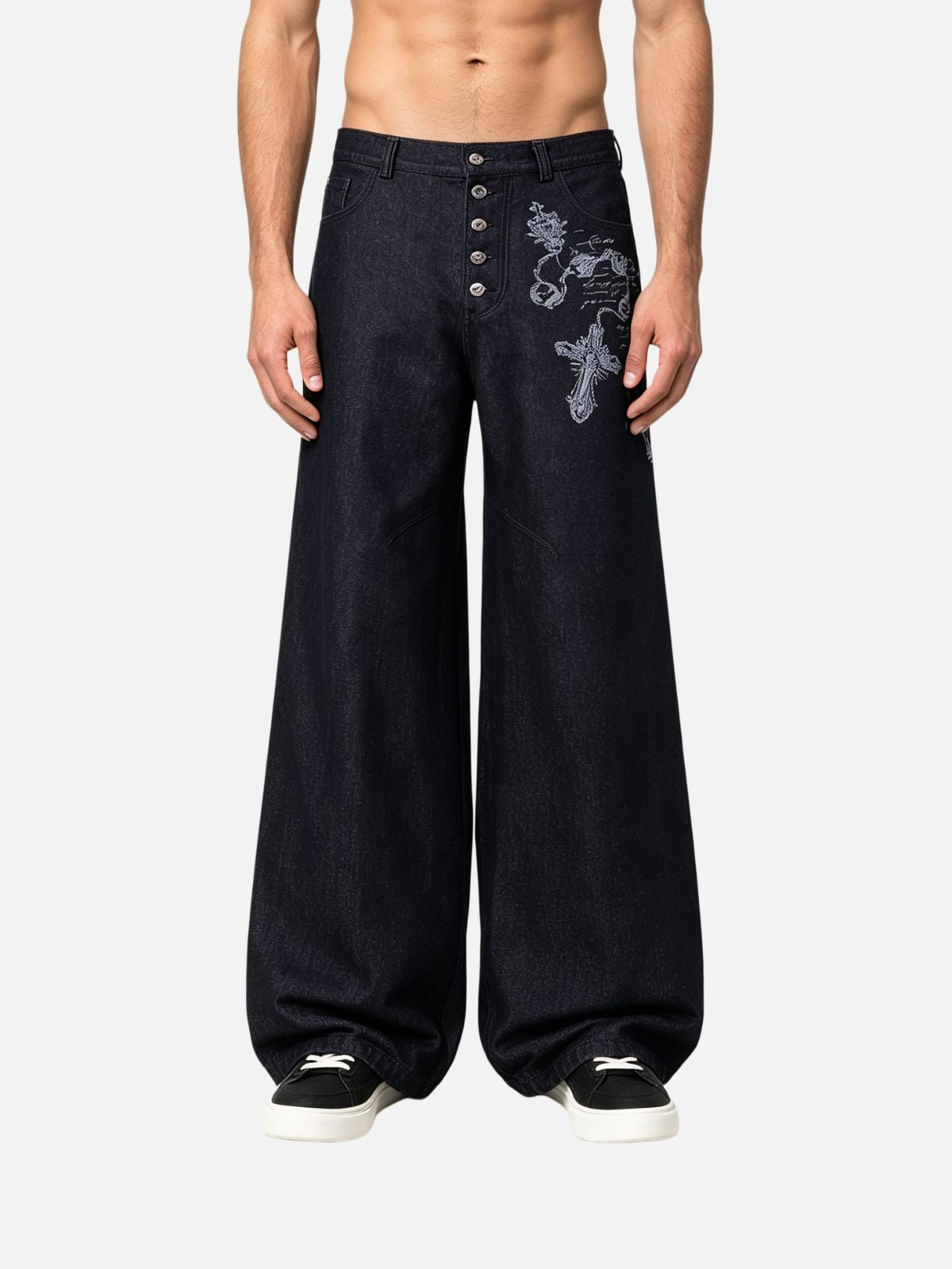 Haaura Cross Script Graphic Button-Fly Baggy Jeans