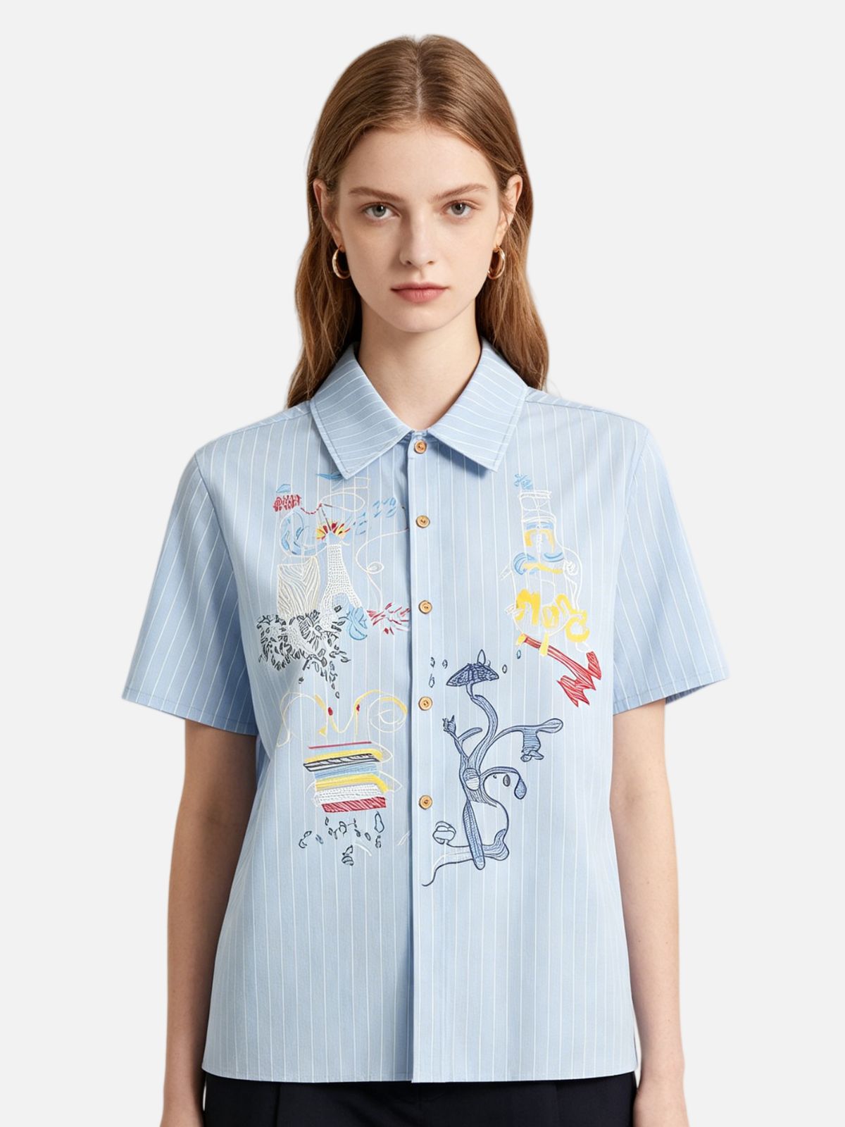 Haaura Boxy Stripe Embroidery Short Sleeve Shirt
