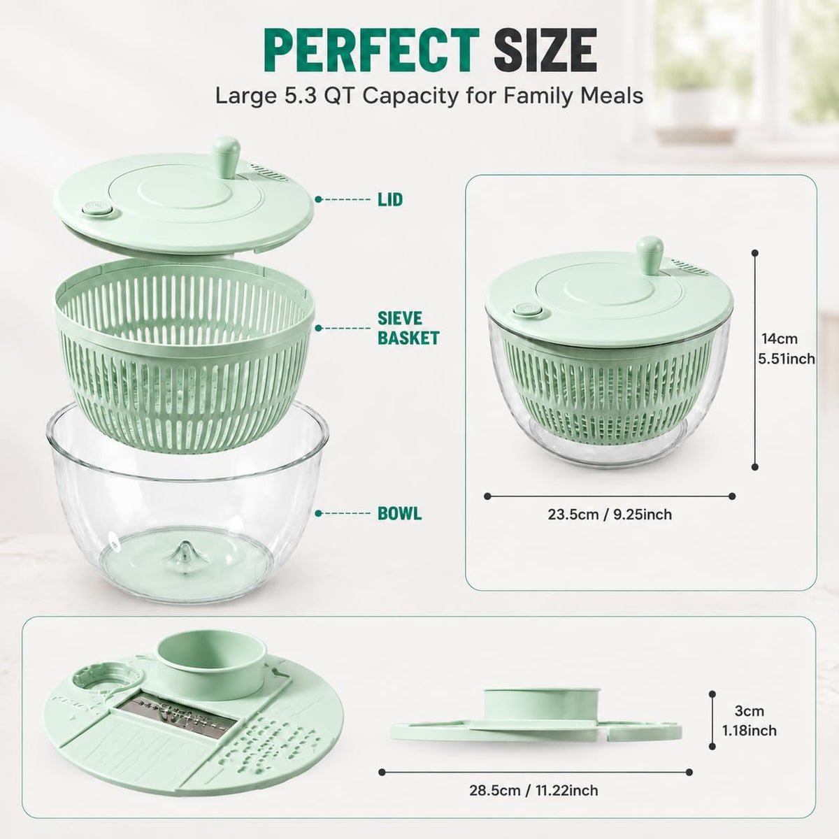6-in-1 Salad Spinner & Vegetable Slicer – 5.3 QT Large Capacity Food Prep Bowl with 5 Blades, One-Touch Stop, Egg Separator & Citrus Juicer
