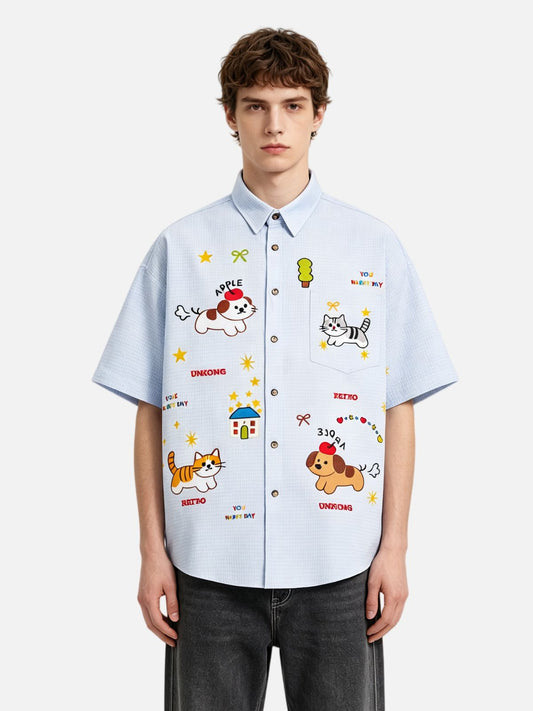 Haaura Boxy Waffle Cartoon Animal Embroidered Shirt