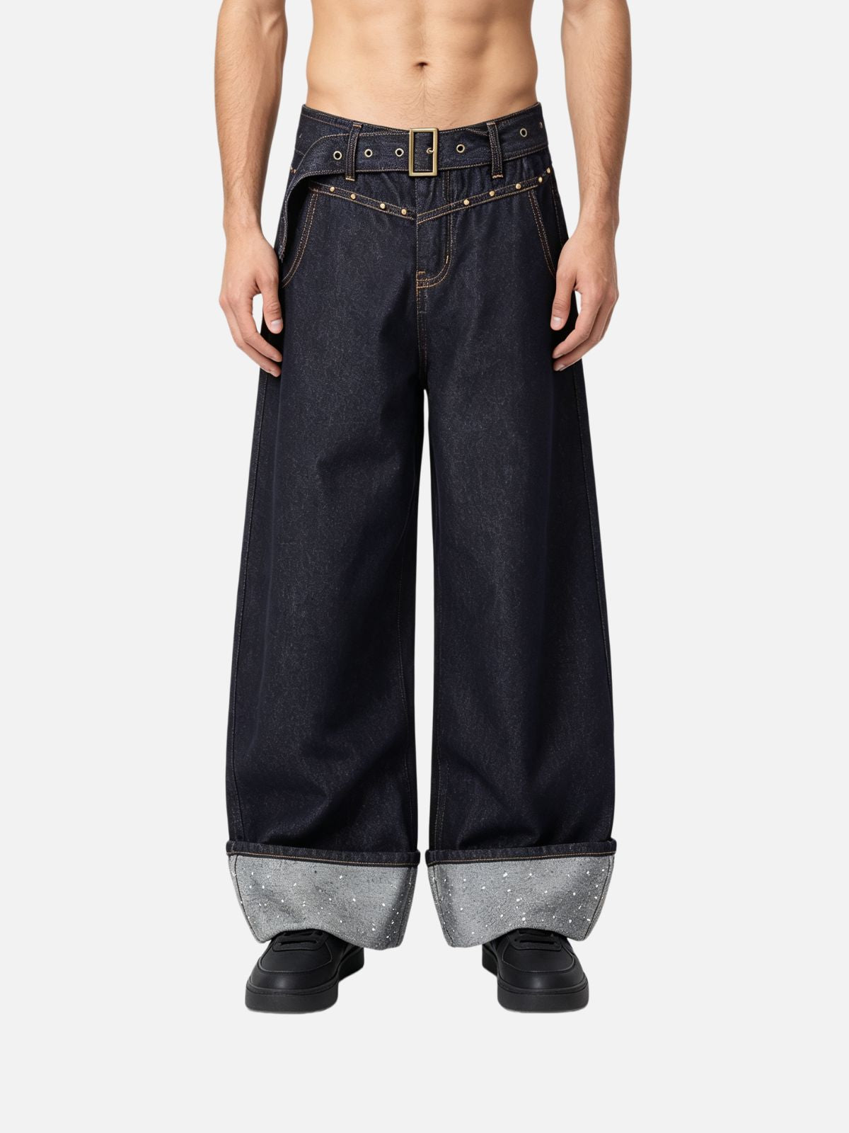 Haaura Belted Embellished Cuff Baggy Jeans