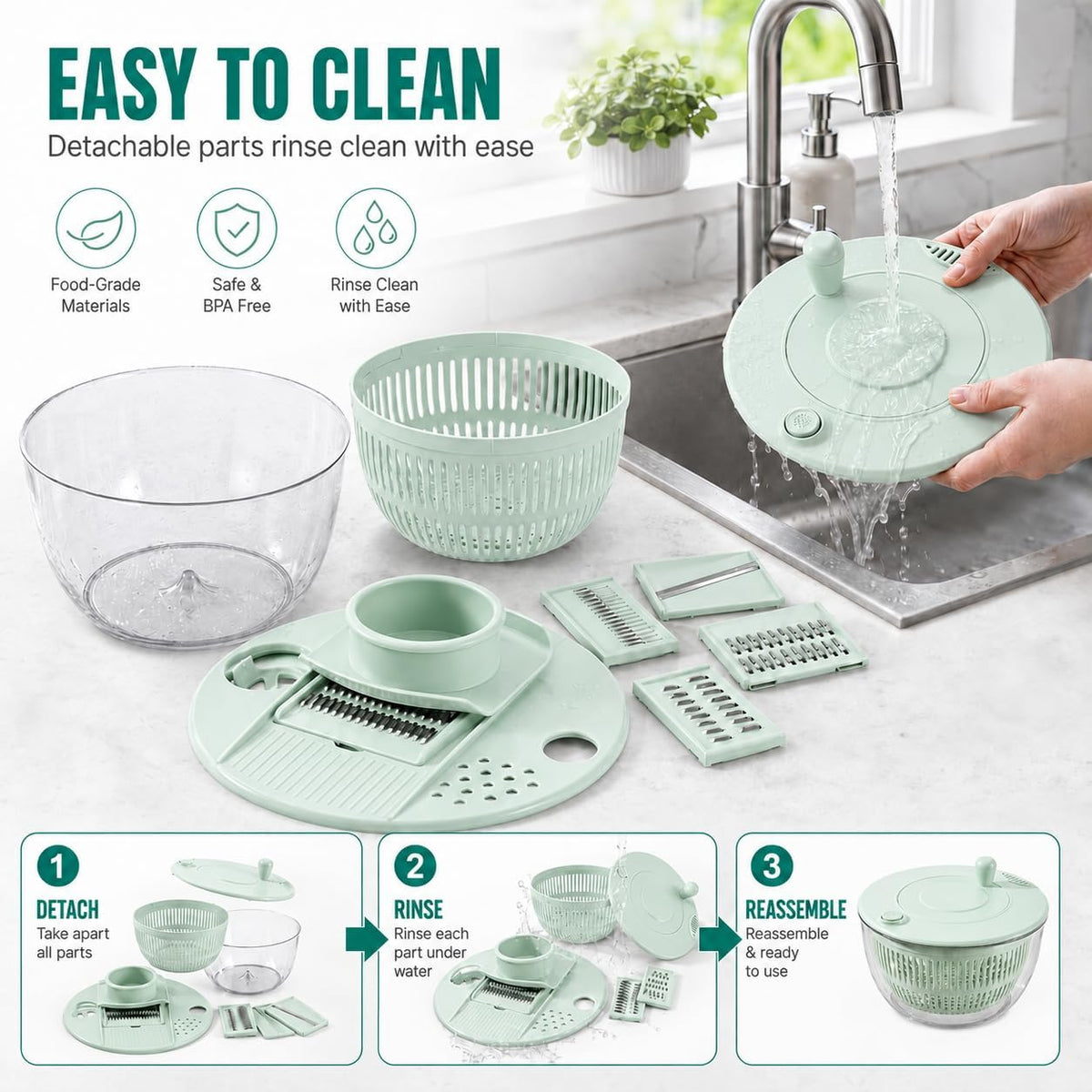6-in-1 Salad Spinner & Vegetable Slicer – 5.3 QT Large Capacity Food Prep Bowl with 5 Blades, One-Touch Stop, Egg Separator & Citrus Juicer