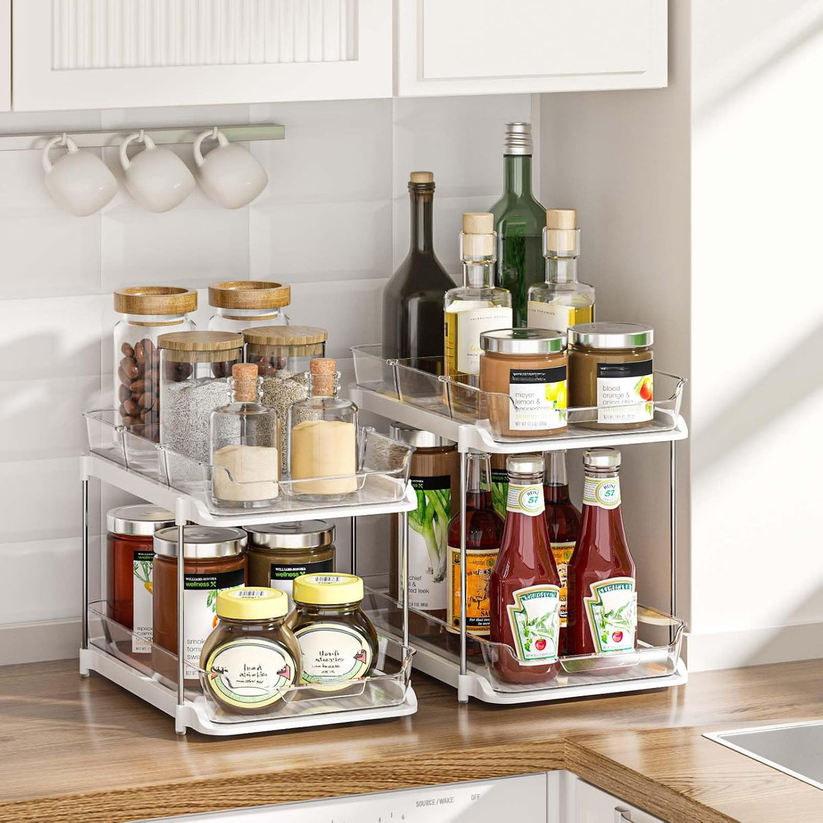 2-Pack 2-Tier Pull-Out Bathroom & Kitchen Organizers – Clear Acrylic Storage Drawers with 8 Movable Dividers, Stackable Cabinet Organizer for Under Sink, Pantry & Vanity