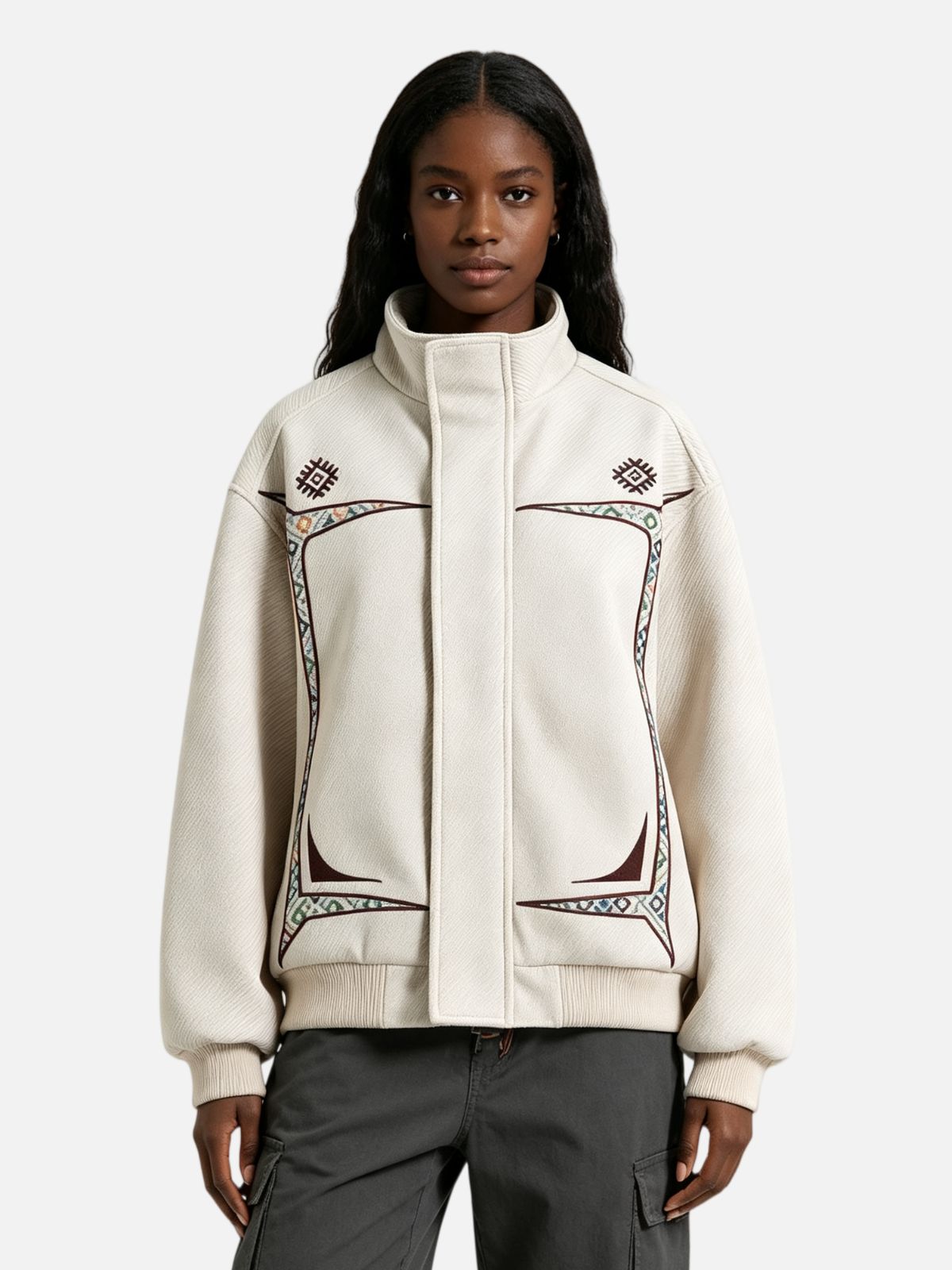 Haaura Geometric Embroidered Zip Up Jacket