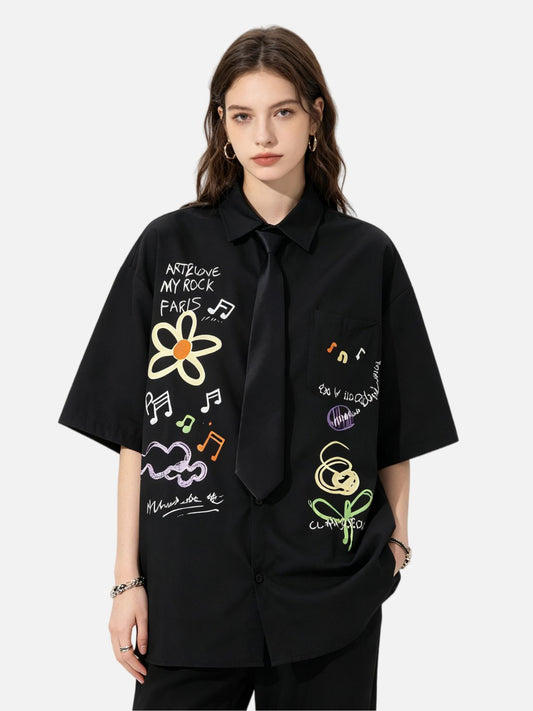 Haaura Artistic Doodle Print Fake Tie Detail Shirt