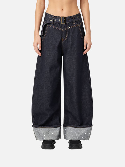 Haaura Belted Embellished Cuff Baggy Jeans