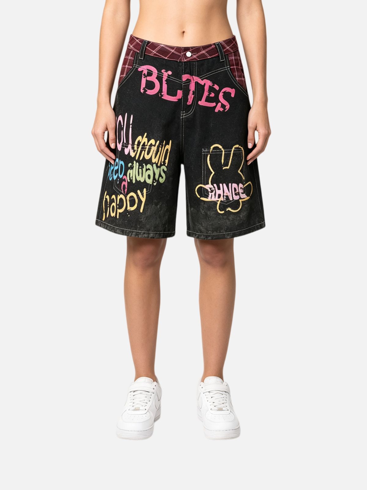 Haaura Colorful Lettering Rabbit Graphic Baggy Jorts