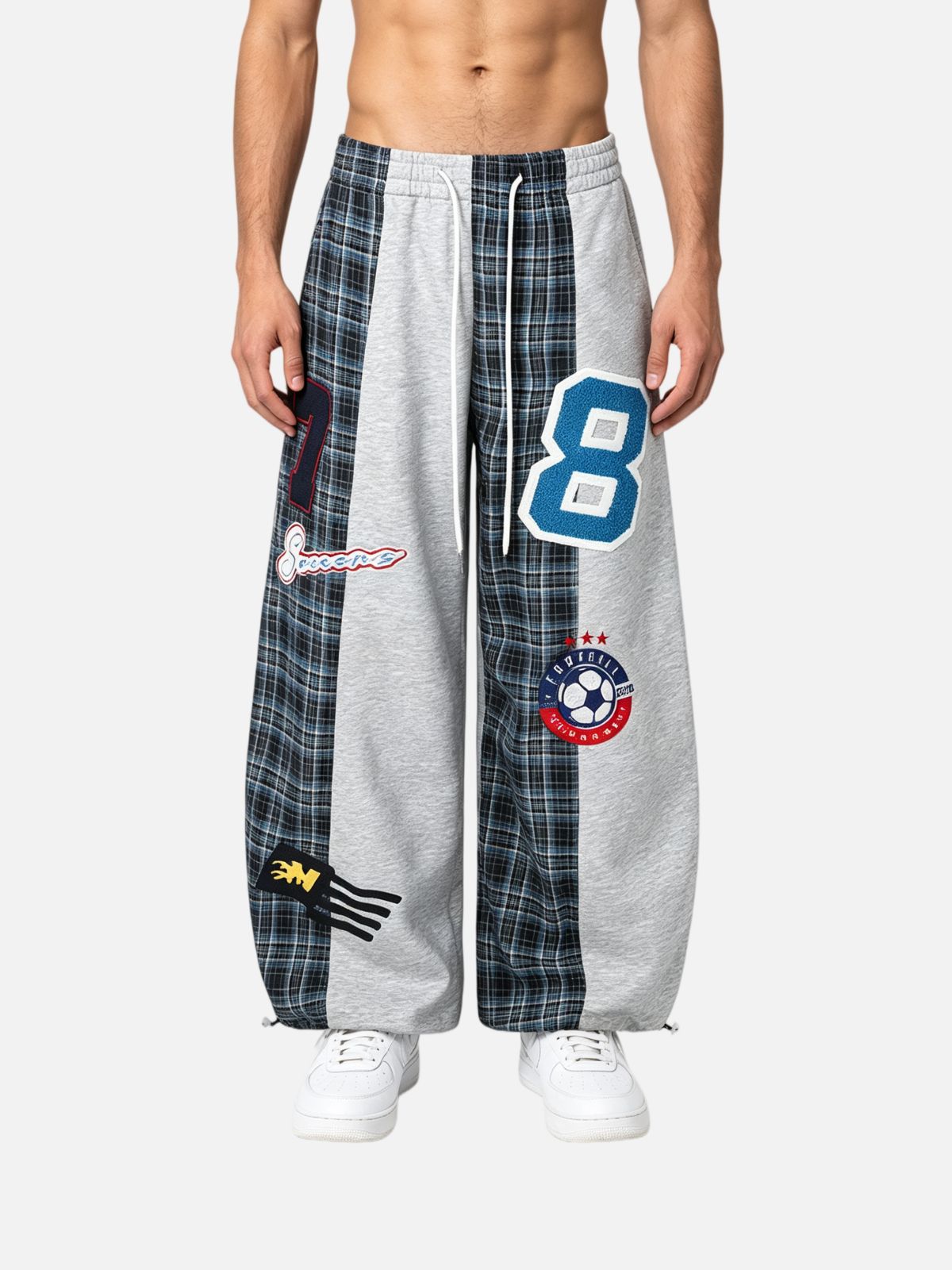 Haaura Plaid Panel No.8 Patch Drawstring Baggy Sweatpants
