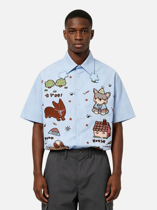 Haaura Cartoon Doodle Stripe Short Sleeve Shirt