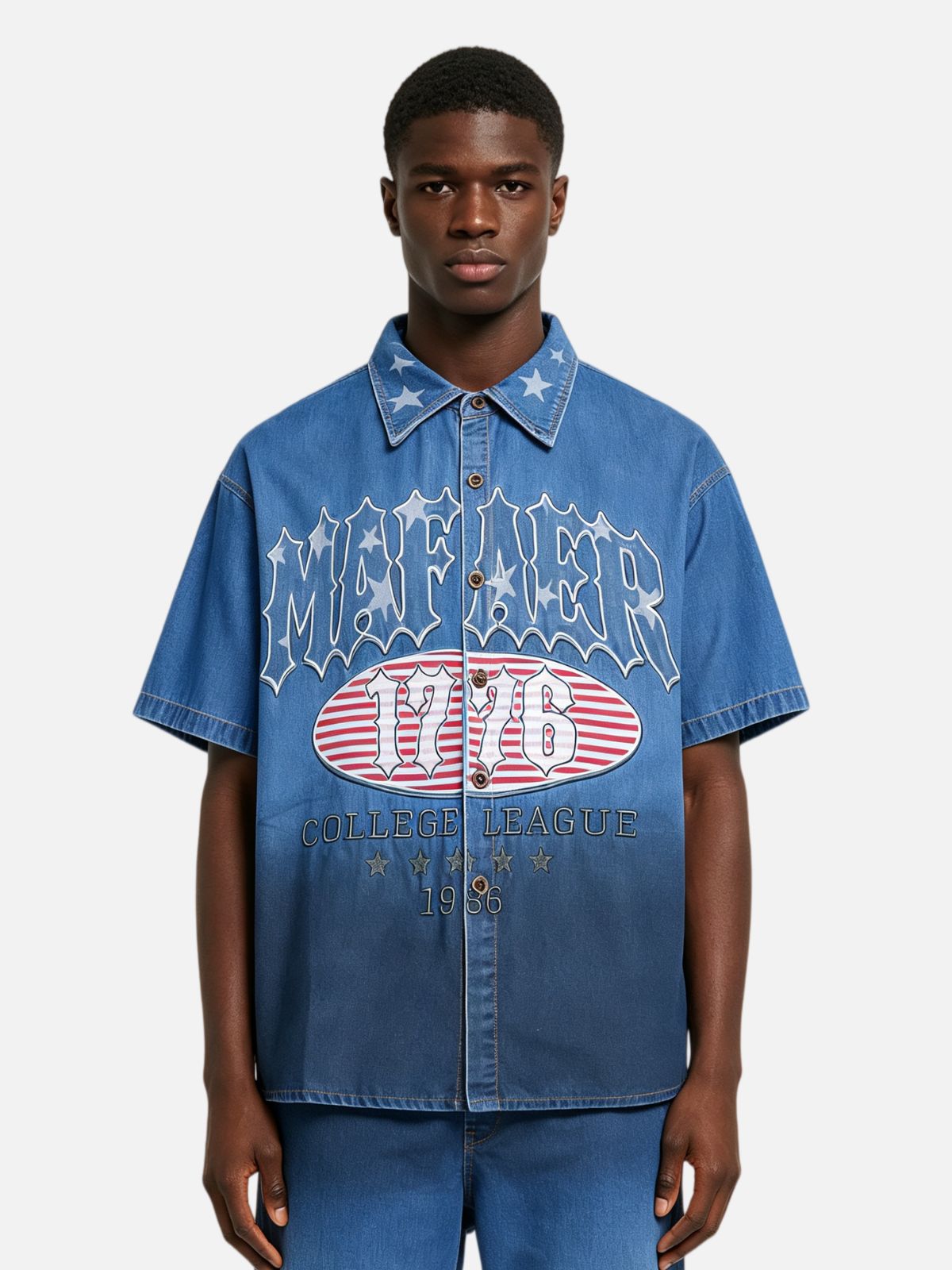 Haaura Boxy Star Collar Collegiate Graphic Denim Shirt