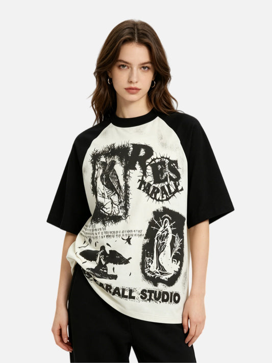 Haaura Boxy Distressed Graphic Contrast Raglan Tee