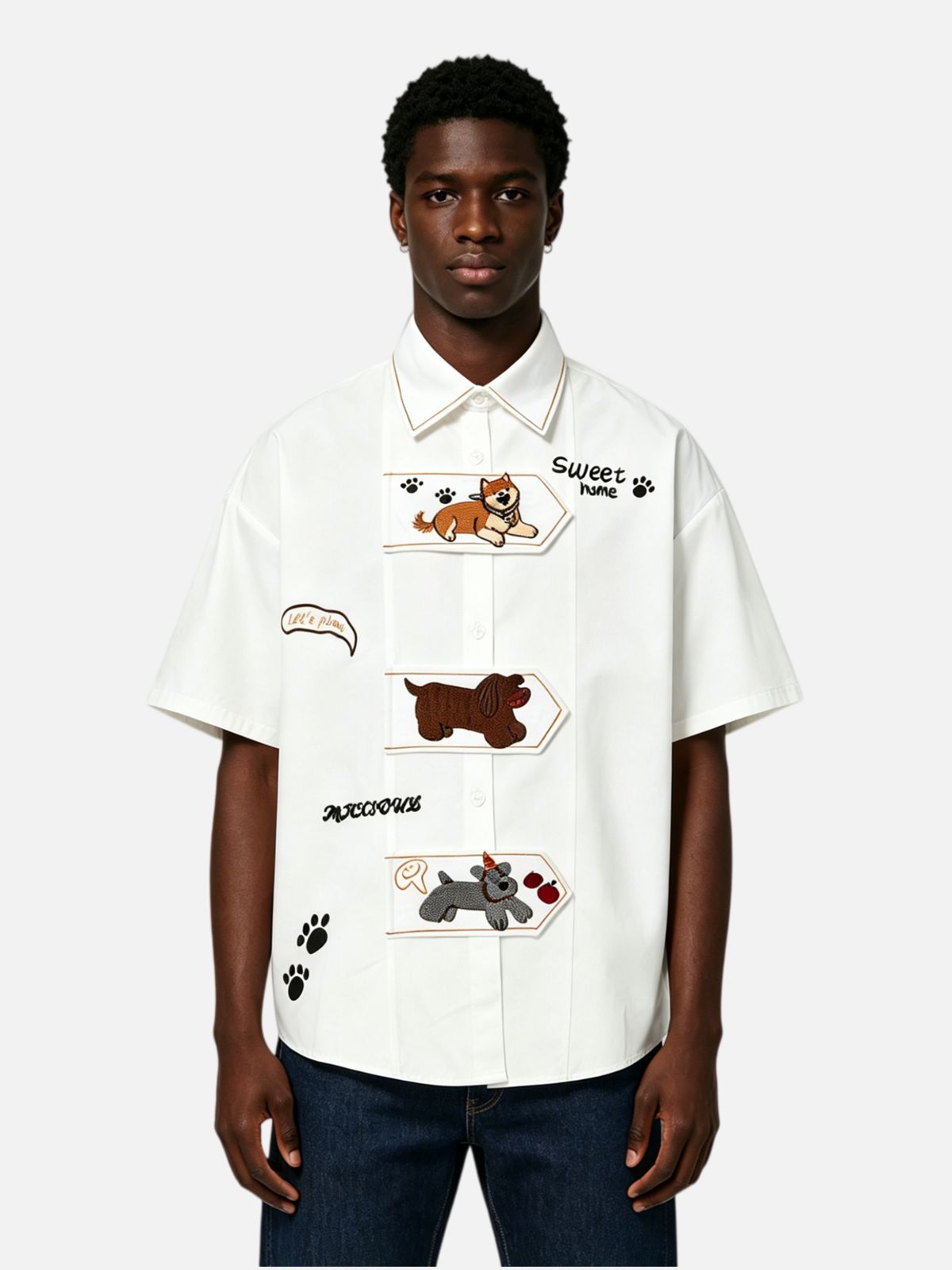 Haaura Vintage Dog Embroidered Contrast Collar Shirt