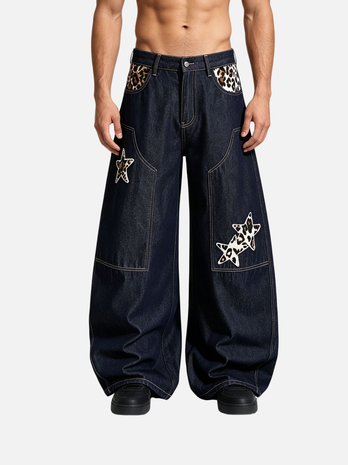 Haaura Leopard Star Patch Baggy Jeans