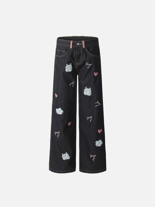 Haaura Bear & Heart Embroidery Baggy Jeans