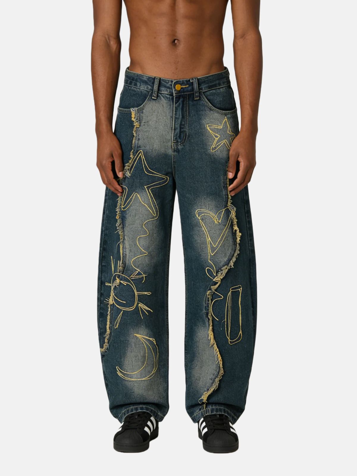 Haaura Astro Hearts Embroidered Raw Hem Super Baggy Jeans