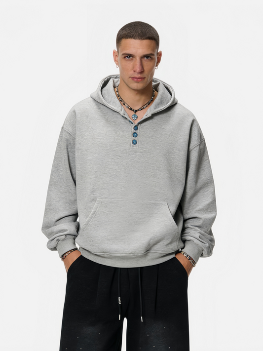 Haaura Boxy Turquoise Placket Pullover Hoodie