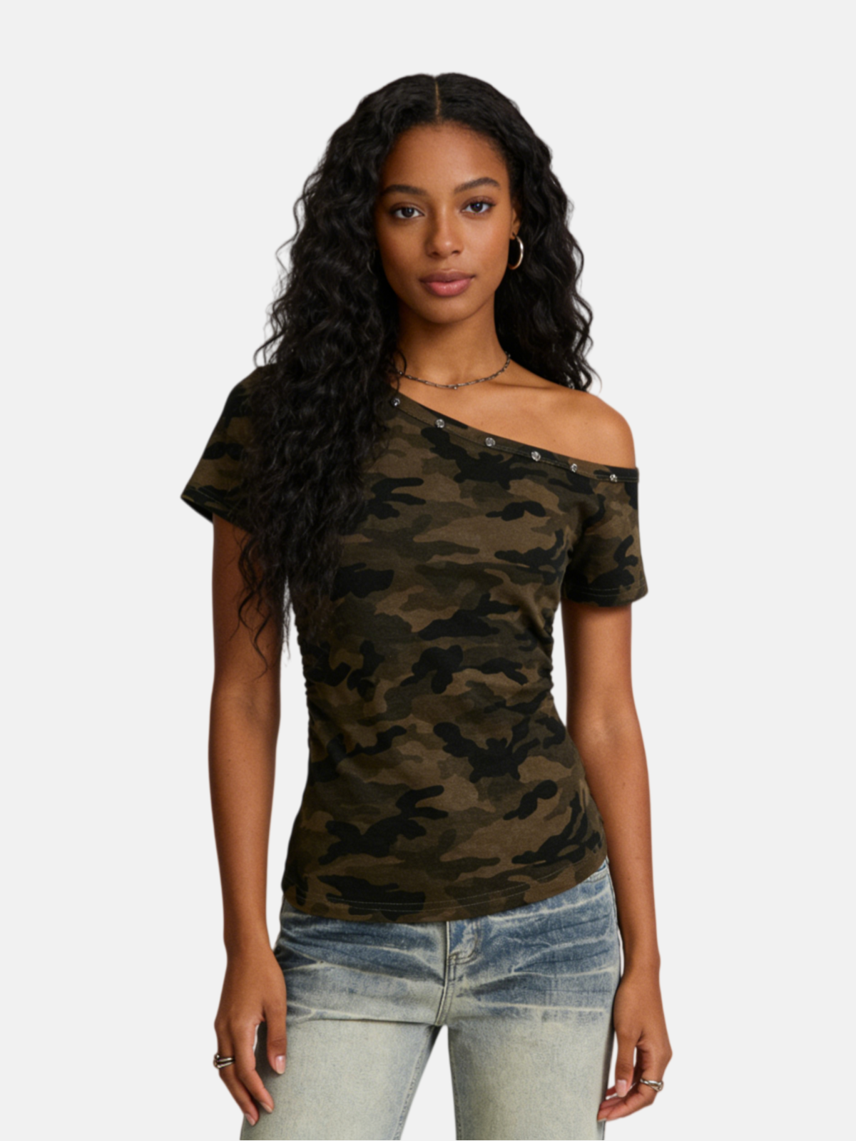 Haaura CAMO Studded Off-The-Shoulder Tee