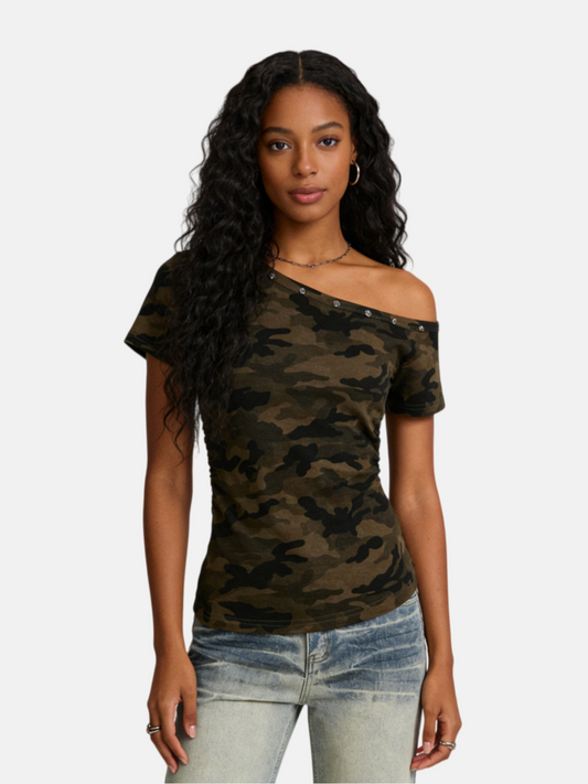 Haaura CAMO Studded Off-The-Shoulder Tee
