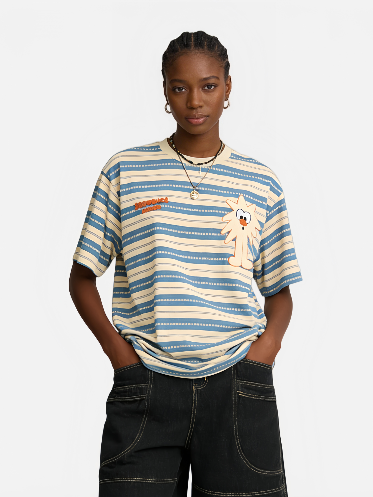 Haaura Casual Cartoon Graphic Striped Tee