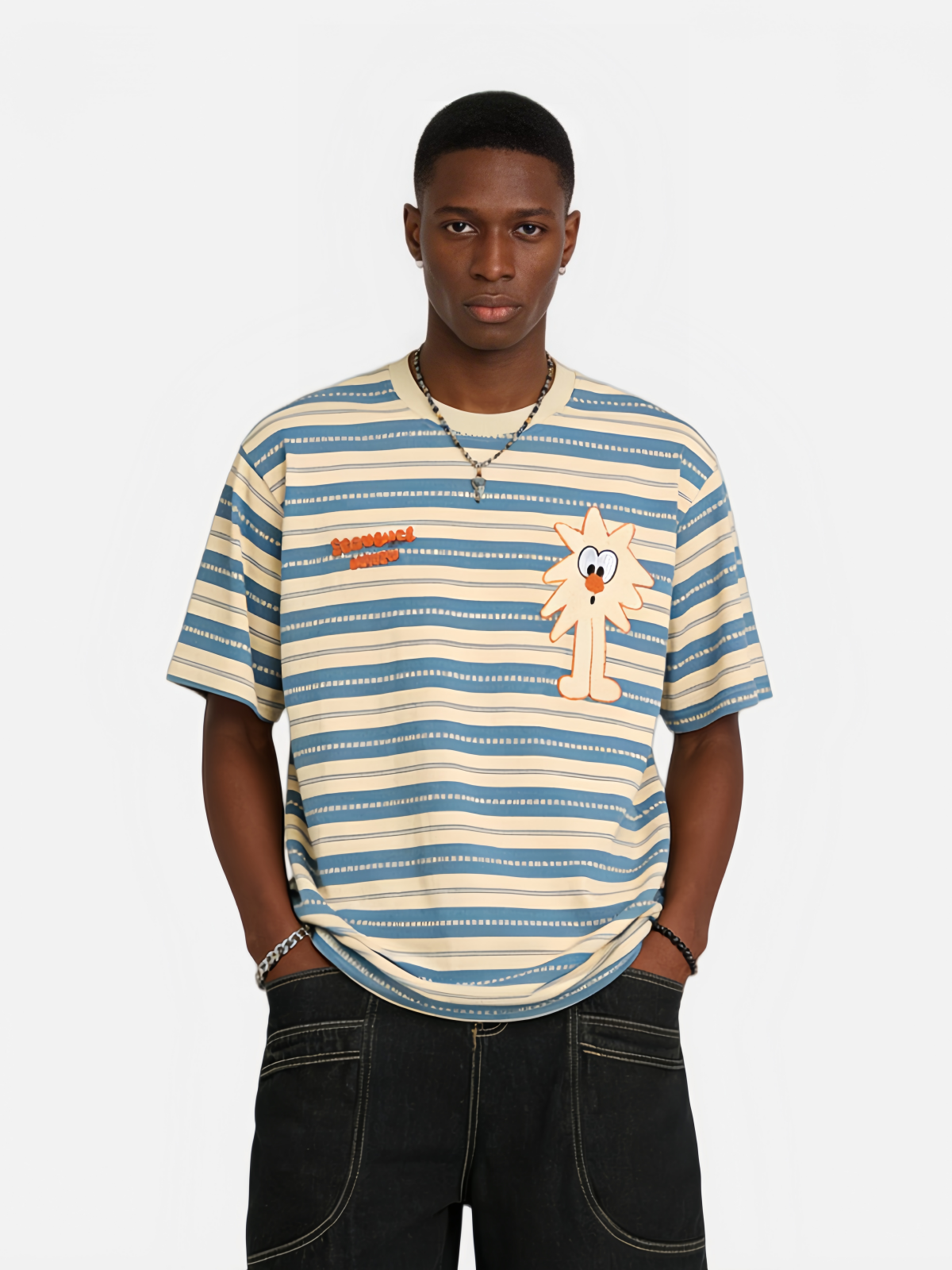 Haaura Casual Cartoon Graphic Striped Tee