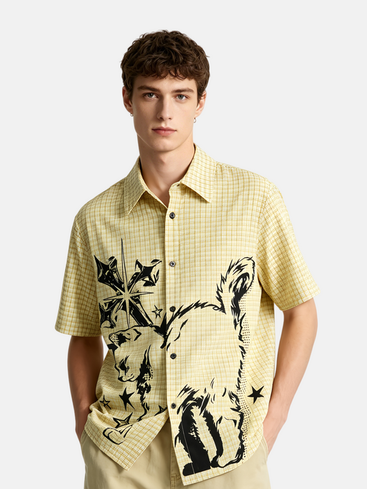 Haaura Cat Sketch Plaid Short Sleeve Shirt
