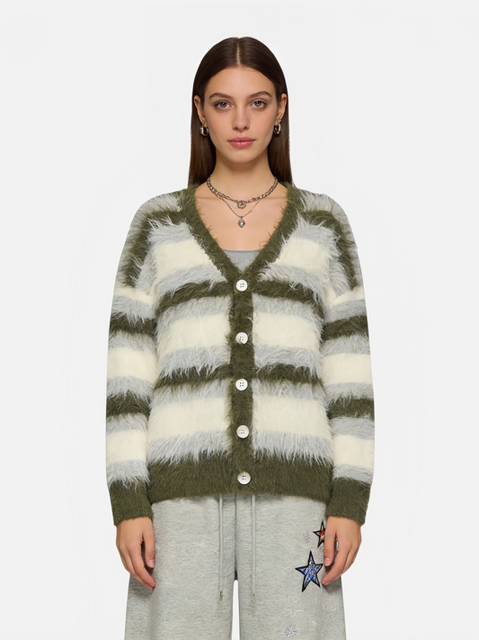 Haaura Color Block Striped Fuzzy Cardigan