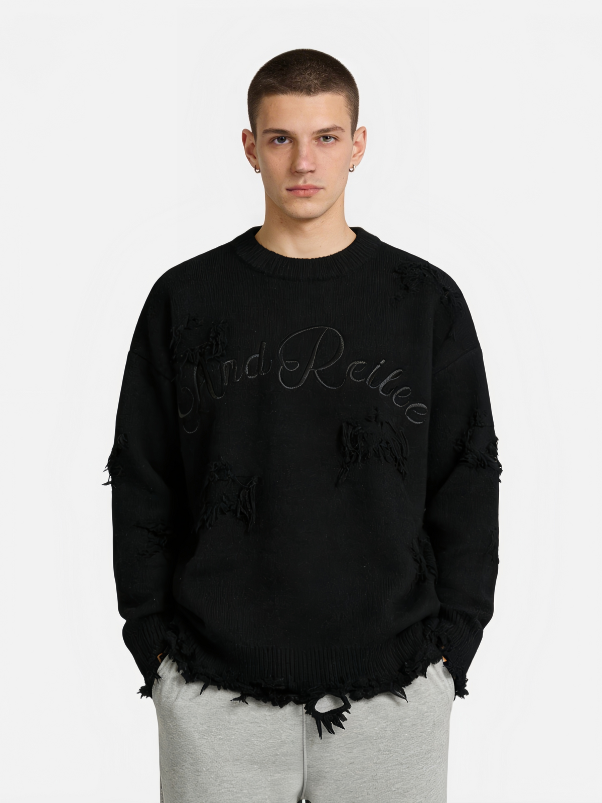 Haaura Destroyed Detail Black Knit Sweater