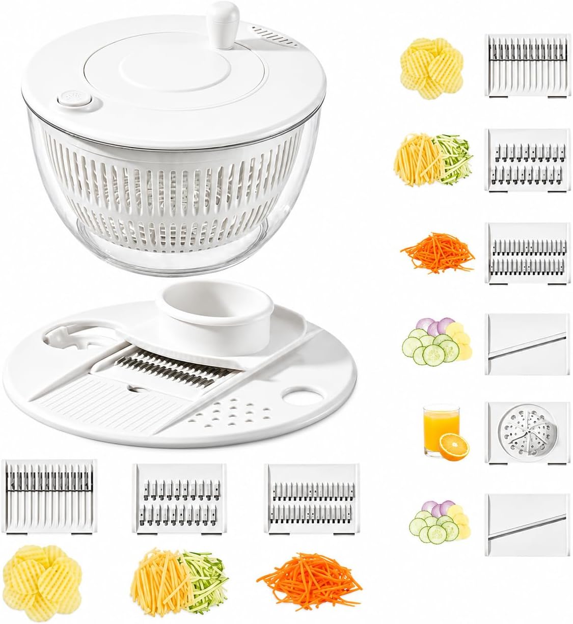 6-in-1 Salad Spinner & Vegetable Slicer – 5.3 QT Large Capacity Food Prep Bowl with 5 Blades, One-Touch Stop, Egg Separator & Citrus Juicer