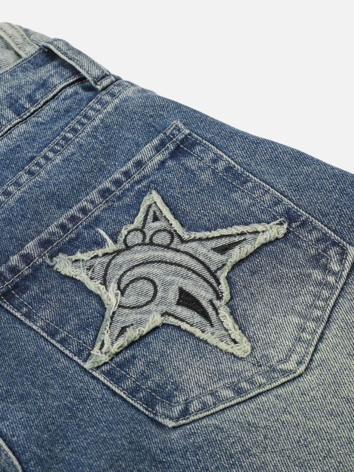 Haaura Contrast Waist Frayed Star Baggy Jeans